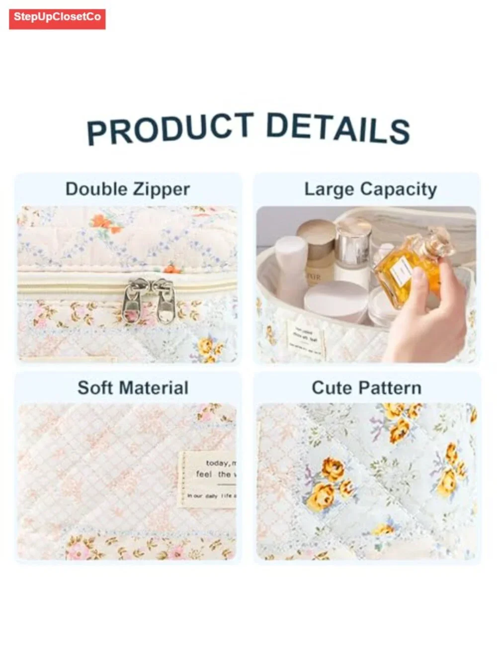 Large Quilted Floral Makeup Bag Cosmetic Organizer Puffy Travel Toiletry Pouch